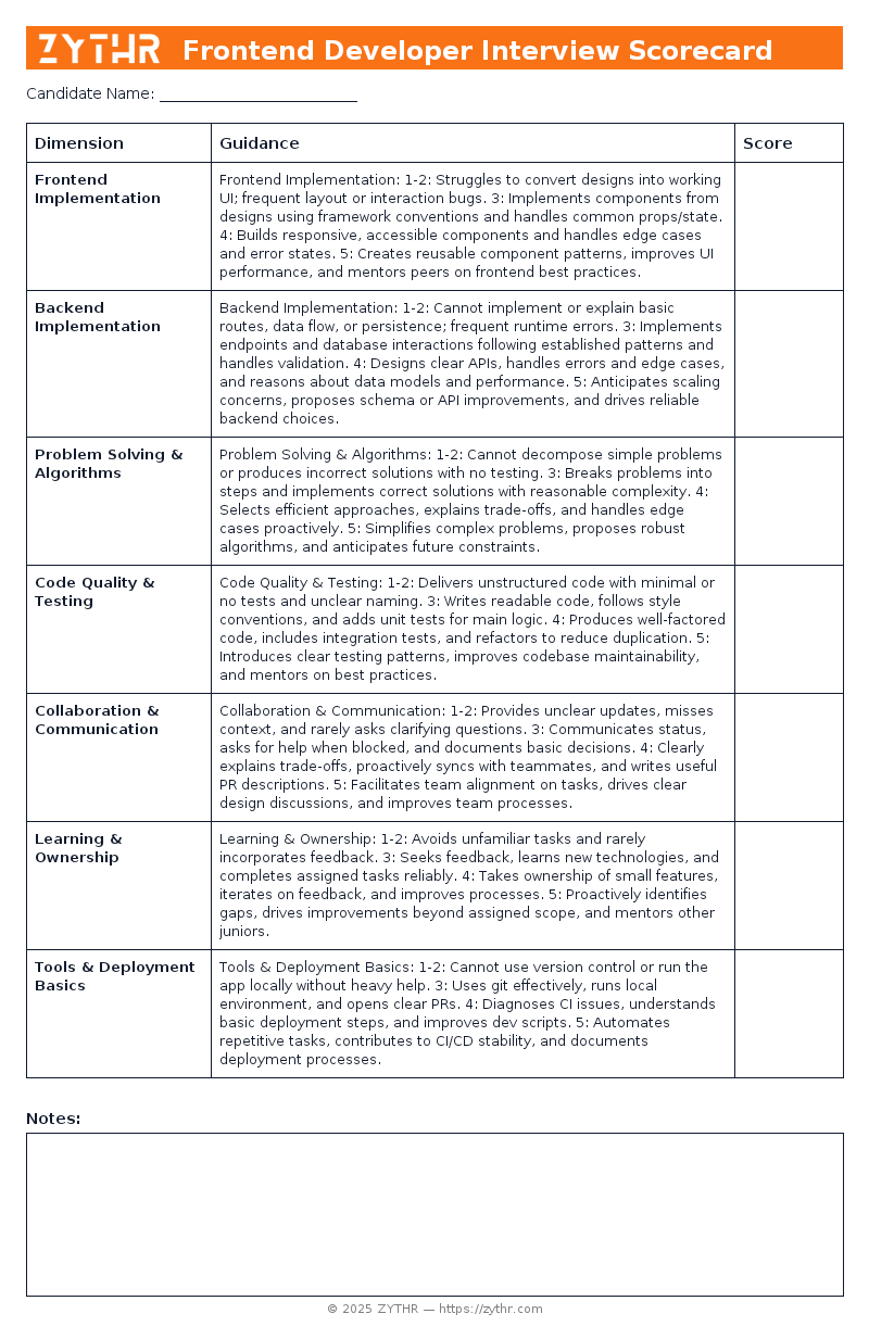 A ready-to-use Junior Full-Stack Engineer Interview Scorecard template