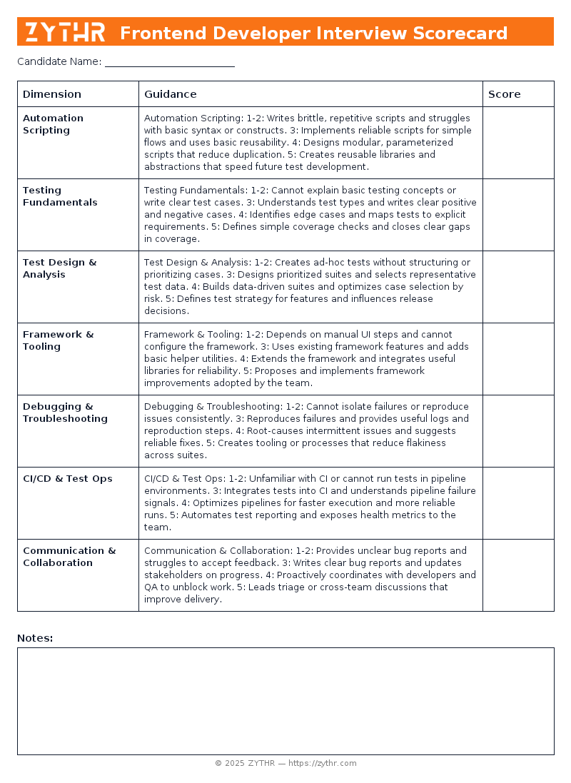 A ready-to-use Junior Test Automation Engineer Interview Scorecard template