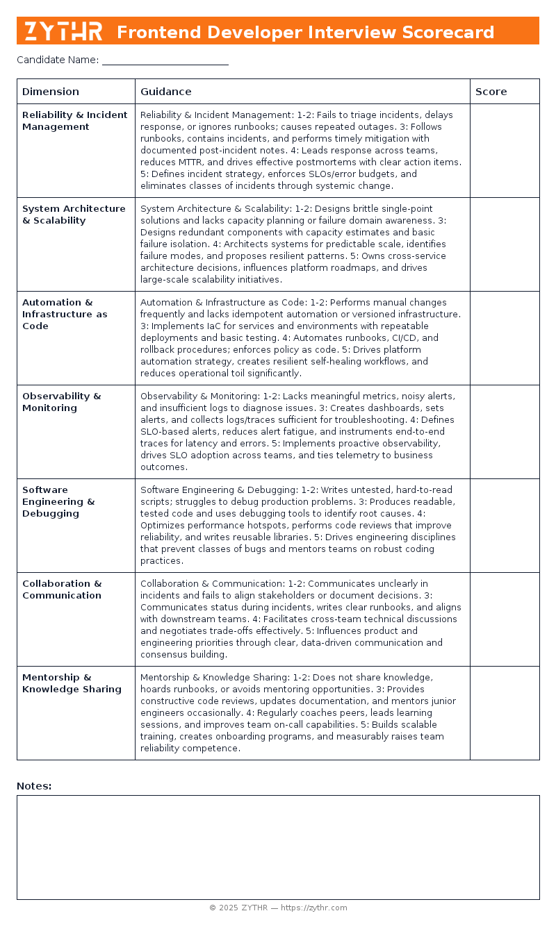 A ready-to-use Senior Site Reliability Engineer Interview Scorecard template